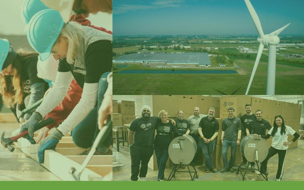 Collage of people building a wood frame, a wide view of a wind turbine and surrounding area, and a group posed around two drums.