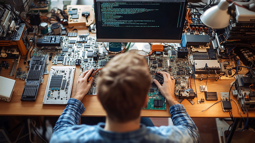 person with various electronics in front of them