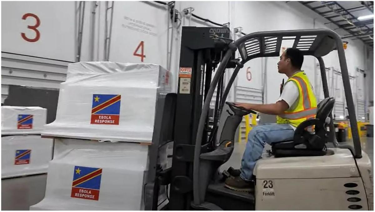 A shipment containing essential medical aid and personal protective equipment for health workers is staged at Direct Relief's headquarters before departing for the Democratic Republic of Congo to support Ebola response. (Tori Gordon/Direct Relief)