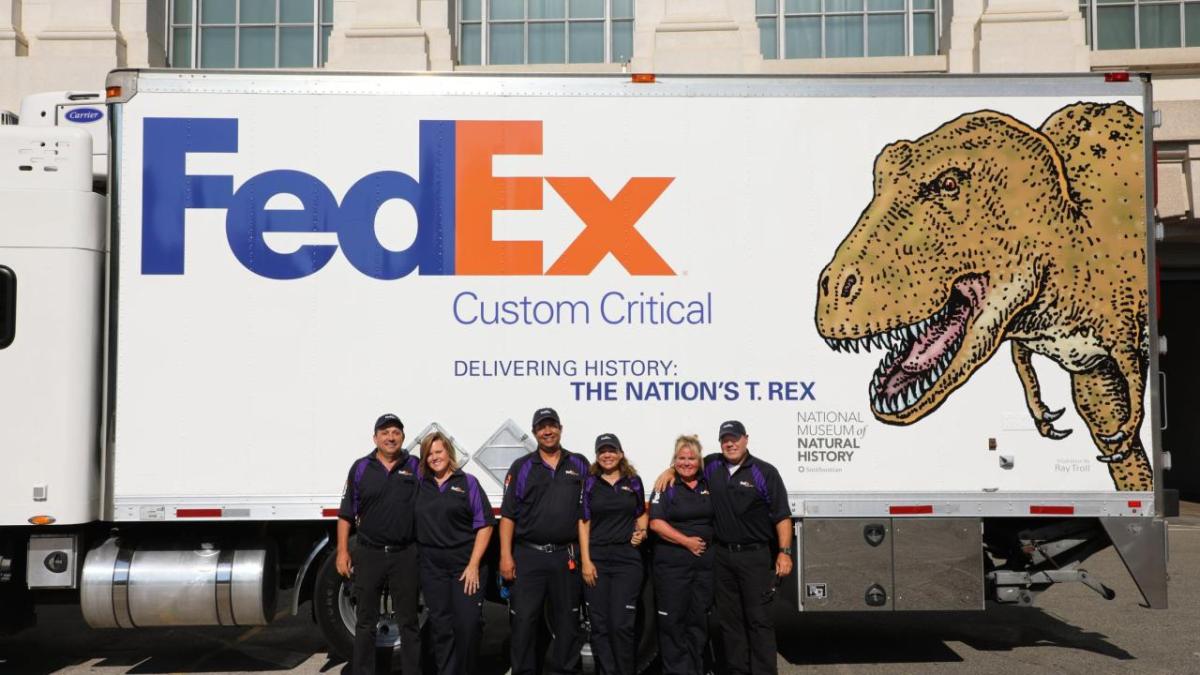 people in front of FedEx truck