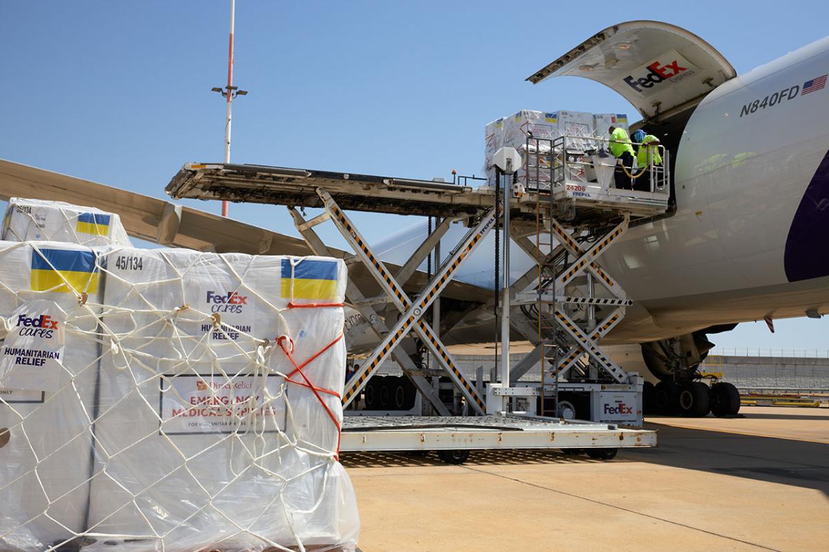 Direct Relief has surpassed $2 billion in medical aid provided to Ukraine since 2022. Here, 52 tons of medical aid arrives in Warsaw, Poland, on June 26, 2022, for last-mile distribution to health facilities in Ukraine. FedEx donated the charter transportation, free of charge. (FedEx photo)