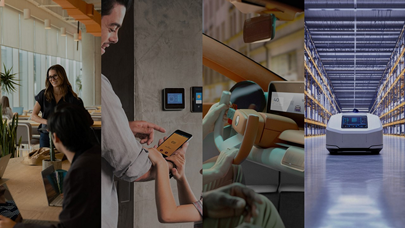 collage of images including one of the workplace, one of a robot, one of a car, and one of a thermostat
