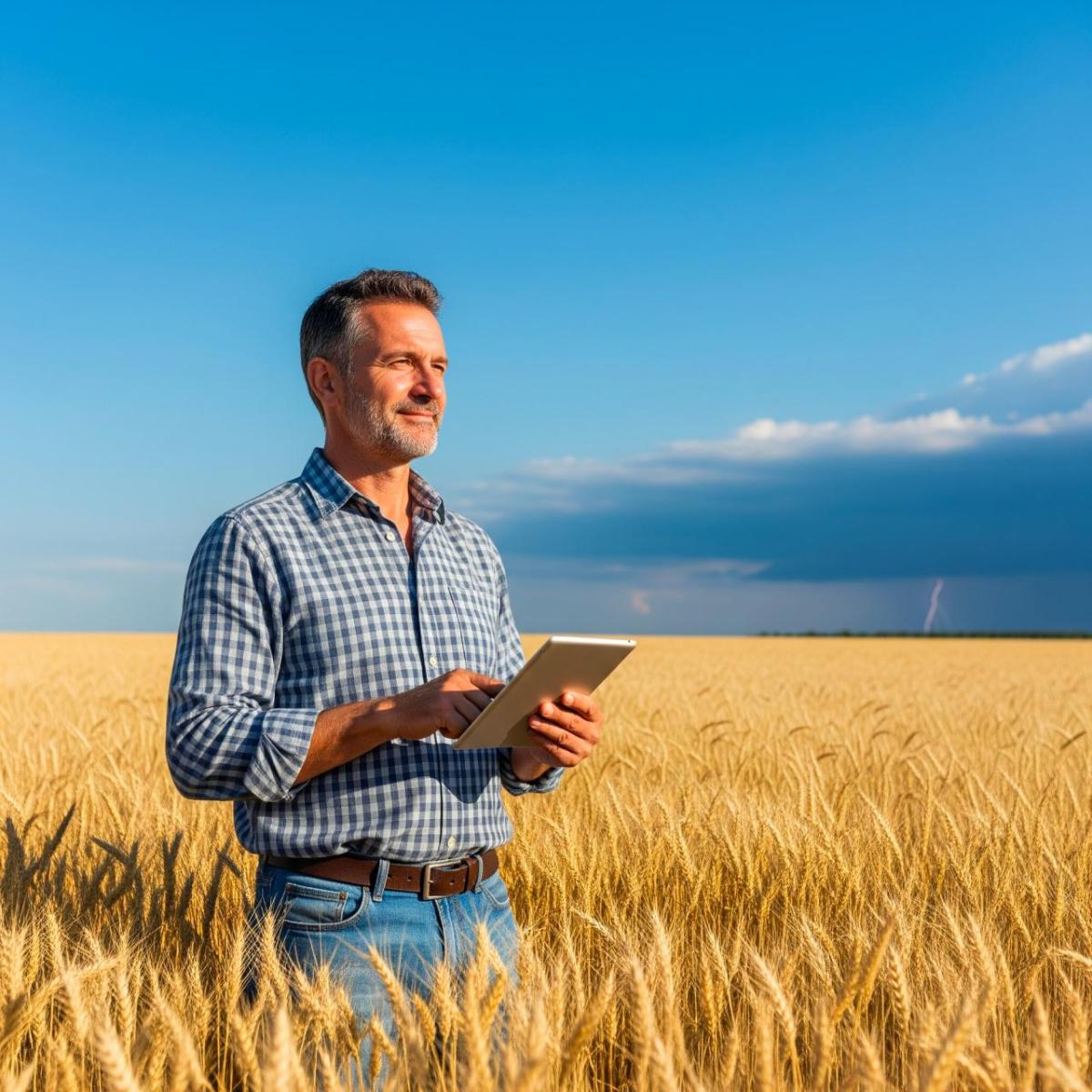 person standing in a field with a computer