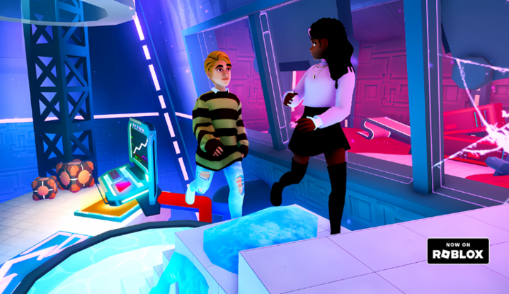 Two animated people running in a room