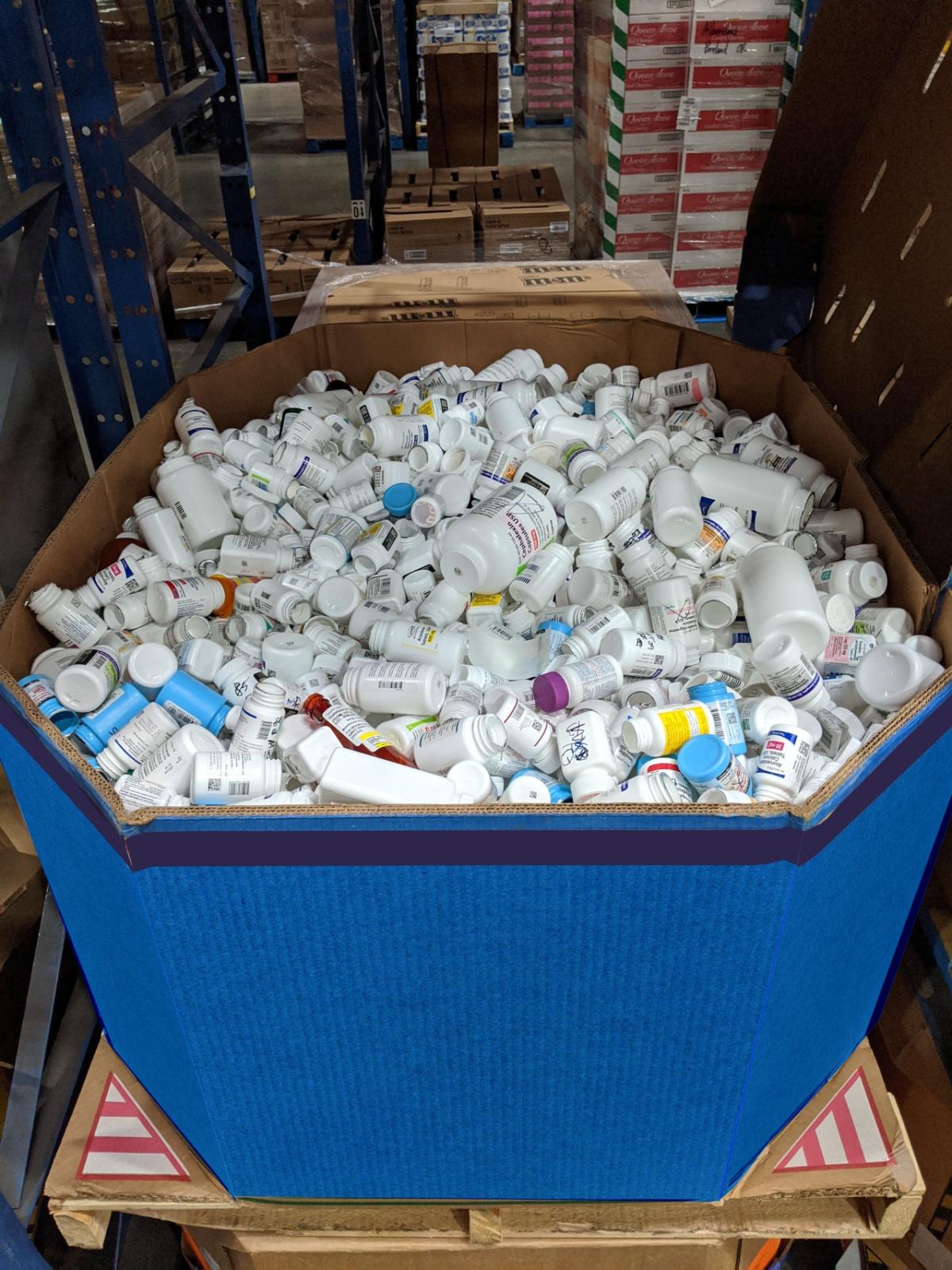 Medication bottles from Albertsons Companies pharmacies are prepped for recycling. The pharmacies have diverted more than 54,000 pounds of bulk medication dispensing bottles from landfills. Trex Company recycles the plastic to produce wood-alternative, environmentally friendly composite decking.