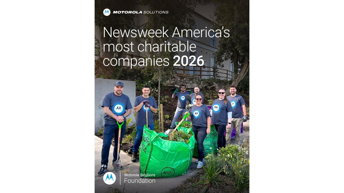"Newsweek Americas most charitable companies 2026" with image of Motorola volunteers 