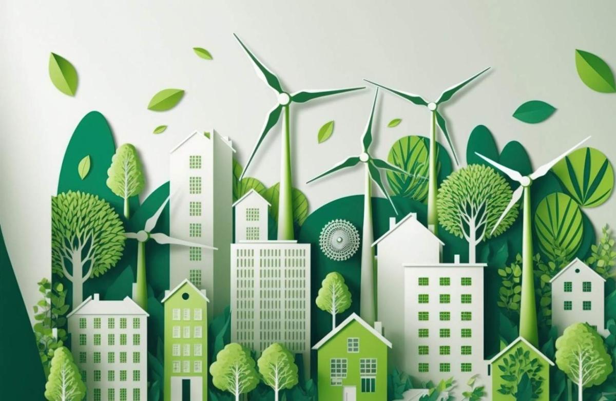 drawing of energy efficient buildings and windmills