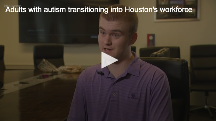 Image of man in purple polo with the text, "Adults with autism transitioning into Houston's workforce"