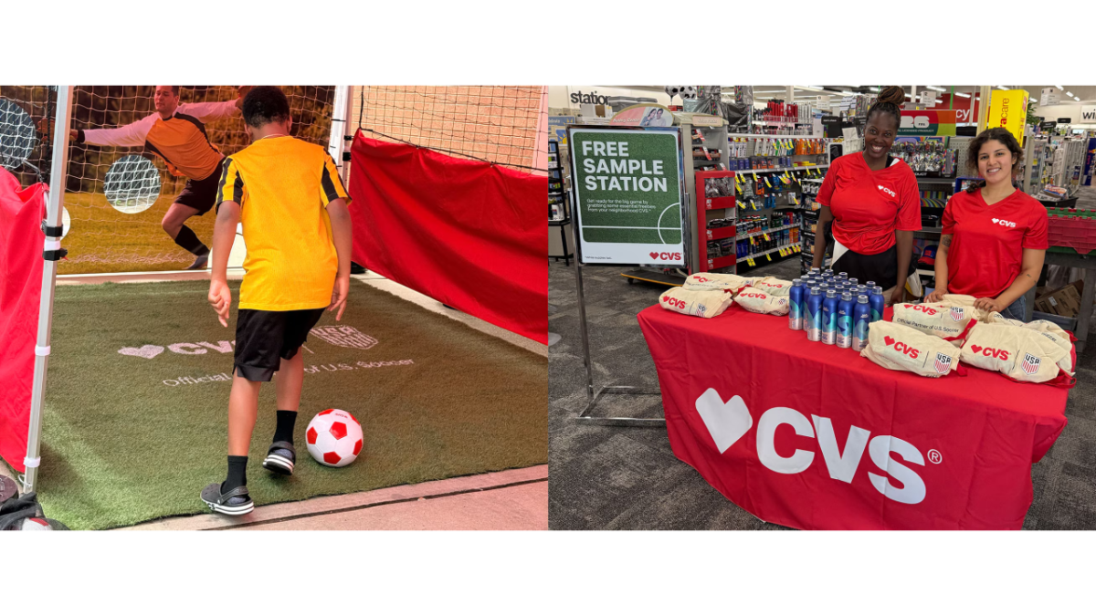 Photo of child playing soccer alongside photo of two employees at CVS "Free sample station" table