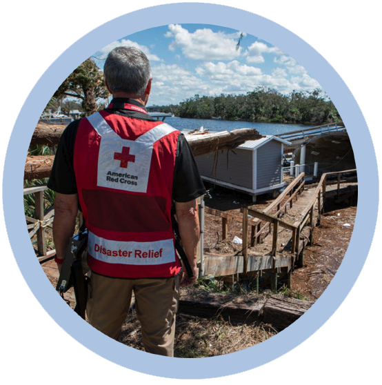 A person in a Red Cross Disaster Relief vest, looking out at damage