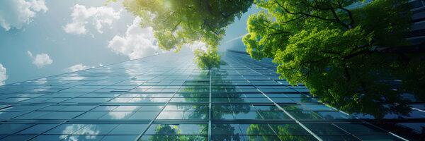 ground view of a glass building with trees and clouds