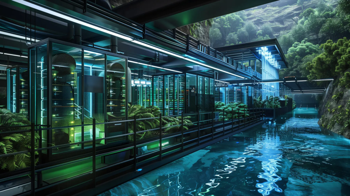 Depiction of water running next to a glass building 