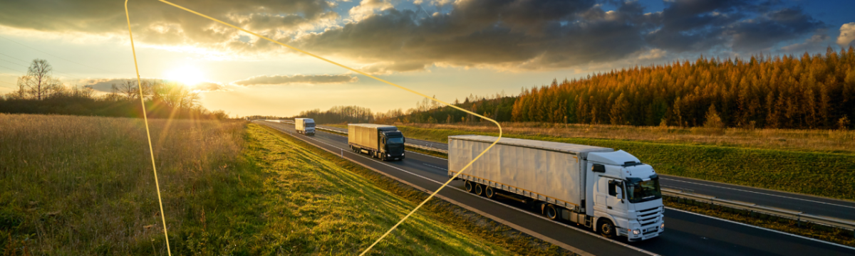 Trucks on a road with a setting sun behind them.