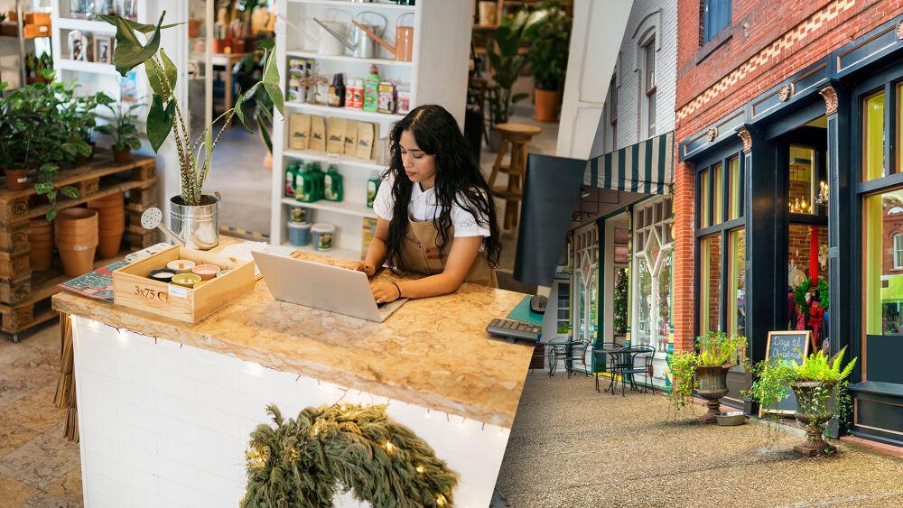 Collage of a person working on a laptop, and a storefront