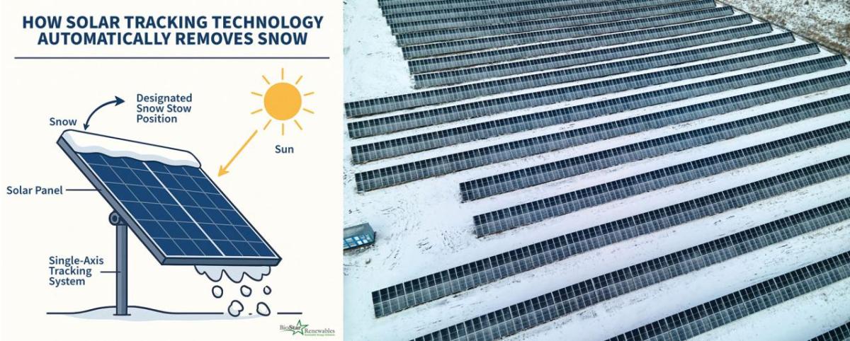 Diagram showing how solar tracking technology automatically removes snow