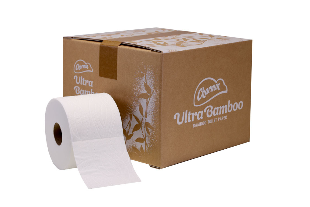 Box of Charmin Ultra Bamboo and a roll of toilet paper next to it 