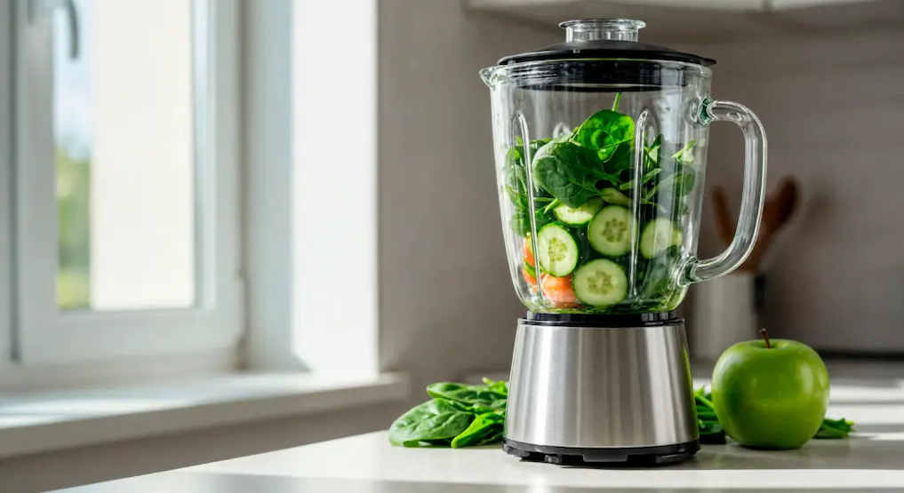 Blender shown with vegetables for a smoothie.