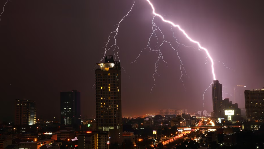 Lightening strikes on city buildings 