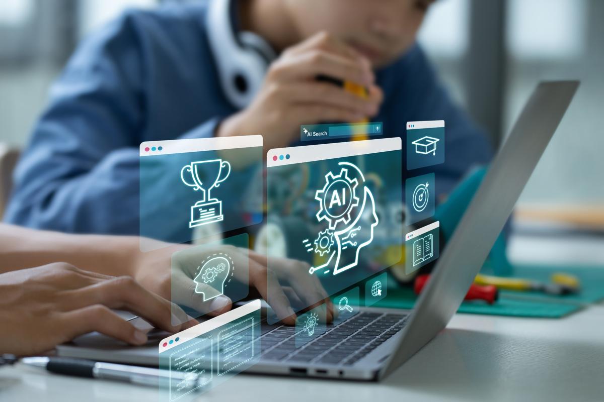 AI artificial intelligence, STEM. Teenage students engage in hands-on STEM education, building robots and learn to use artificial intelligence through coding and programming.