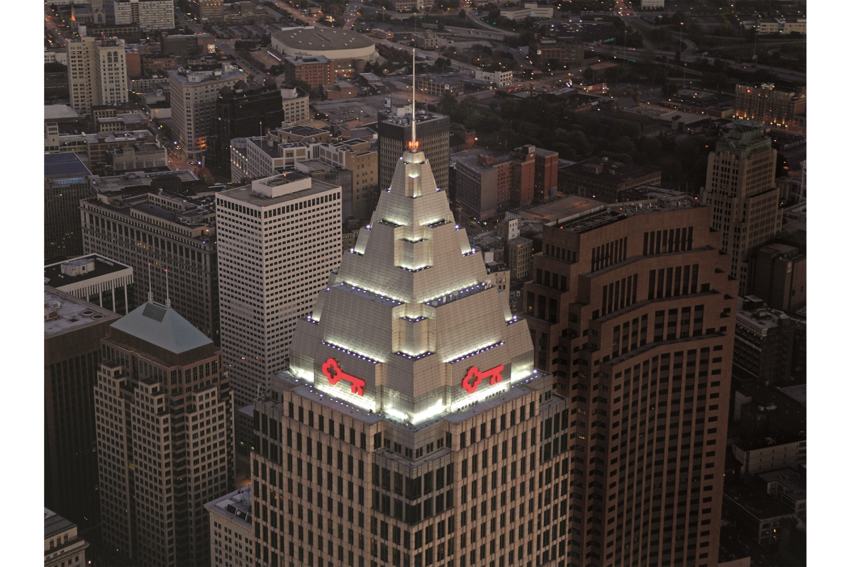 Aerial view of the KeyBank tower in Cleveland.