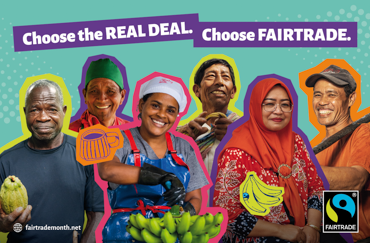 Six farmers smile to camera and display their products: cocoa, bananas, coffee, and coconut sugar. 