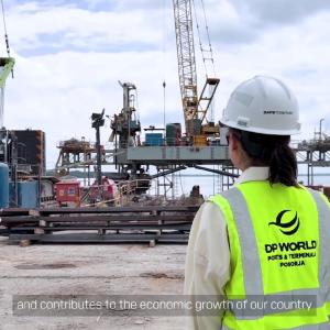 Alixon Ocampo, Site Project Manager at DP World, observes construction work during the expansion of the Port of Posorja in Ecuador.
