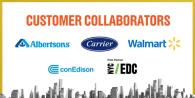 Photo with text that reads "Customer Collaborators" and logos for Albertsons, Carrier, Walmart, conEdison, and NYC/EDC