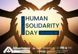 Various hands forming a heart with text that says "INTERNATIONAL HUMAN SOLIDARITY DAY December 20" with Albertsons Cos and banner logos 