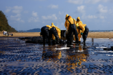 Group of workers cleaning up an oil spill on the beach
