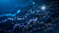Abstract, futuristic visualization of trend graph and wavy lines with blue background