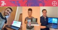 three separate winners' profiles each holding a laptop computer. Bayer logo in the top right.