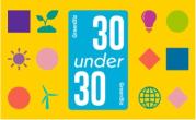 a yellow background with the words "30 Under 30" from Greenbiz is surrounded by shapes and graphics such as the sun and globe.