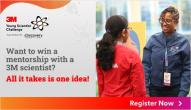 Two people smiling with "Want to win a mentorship with a 3M scientist? All it takes is one idea!"