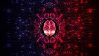 On a black background, a red digital brain with circuits surrounding it.