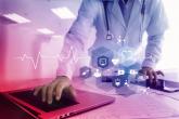 A medical professional using a laptop. Medical symbols overlaid.