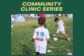 "Community Clinic Series" above picture of two children playing soccer