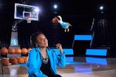Dawn Staley and the Aflac Duck shown slam dunking a basketball.