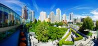 City skyline above a green park