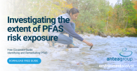 Banner with text "Investigating the extent of PFAS risk exposure." In the background is a photo of someone collecting a water sample from a body of water