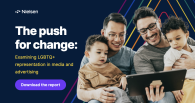 Nielsen: The push for chance. Examining LGBTQ+ representation in media and advertising. Family of four shown.