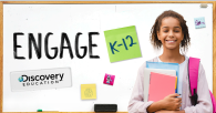 Student with books smiling next to text that reads: "Engage K-12, Discovery Education"