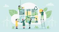 Illustration of people building technology in a cloud 