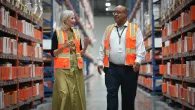 Direct Relief CEO Amy Weaver and Dr. Byron Scott, COO and President, on May 5, 2025, in Direct Relief's warehouse in Santa Barbara, California. (Lara Cooper/Direct Relief)
