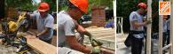 Photo collage showing construction workers building a home.