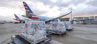 Pallets of cargo on a runway with two American Airlines planes behind them.