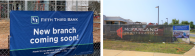 Collage of two photos left: a sign hanging on a fence "New branch coming soon" and fifth third logo. Right: A fence with McFarland construction sign and a wooden sign next to it with an image of the new building.