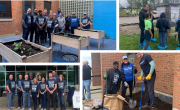 Four picture collage of volunteers in garden setting, and working with kids.