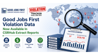 Good Jobs First Violation Data announcement graphic showing a clean corporate layout with a world map background, magnifying glass, and bar chart. Headline reads “Good Jobs First Violation Data Now Available in CSRHub Extract Reports.” Visual elements include icons for corporate misconduct data, fines, global coverage, and risk signals, alongside a sample violation summary chart displaying number of violations and total fines.