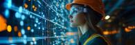 Construction worker looking a giant digital display