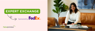 "Expert Exchange Sponsored by FedEx" next to image of woman working on laptop